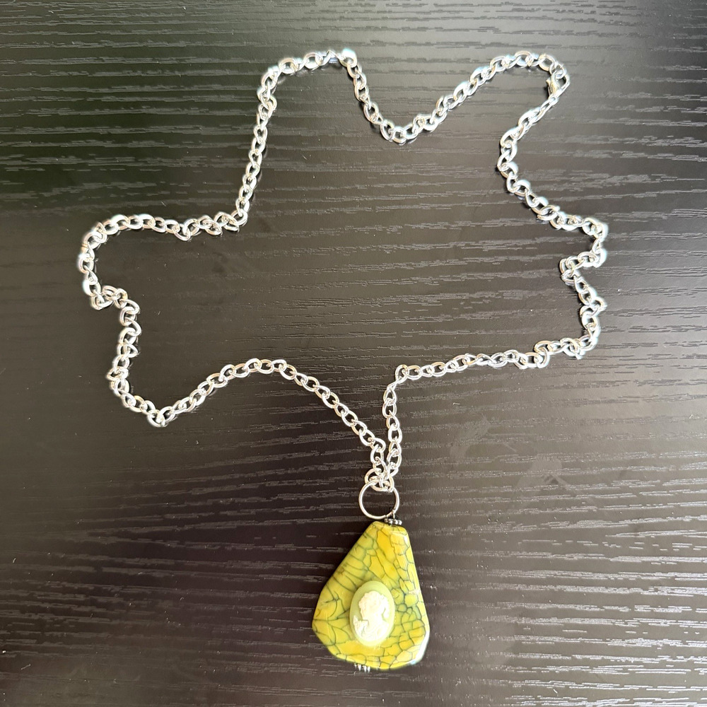 Modern Cameo Pendant Necklace Yellow Green Marbled Resin Statement Jewelry 1.75”